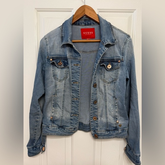Guess Jackets & Blazers - **GUESS Women’s Distressed Blue Denim Jacket – Size Small**